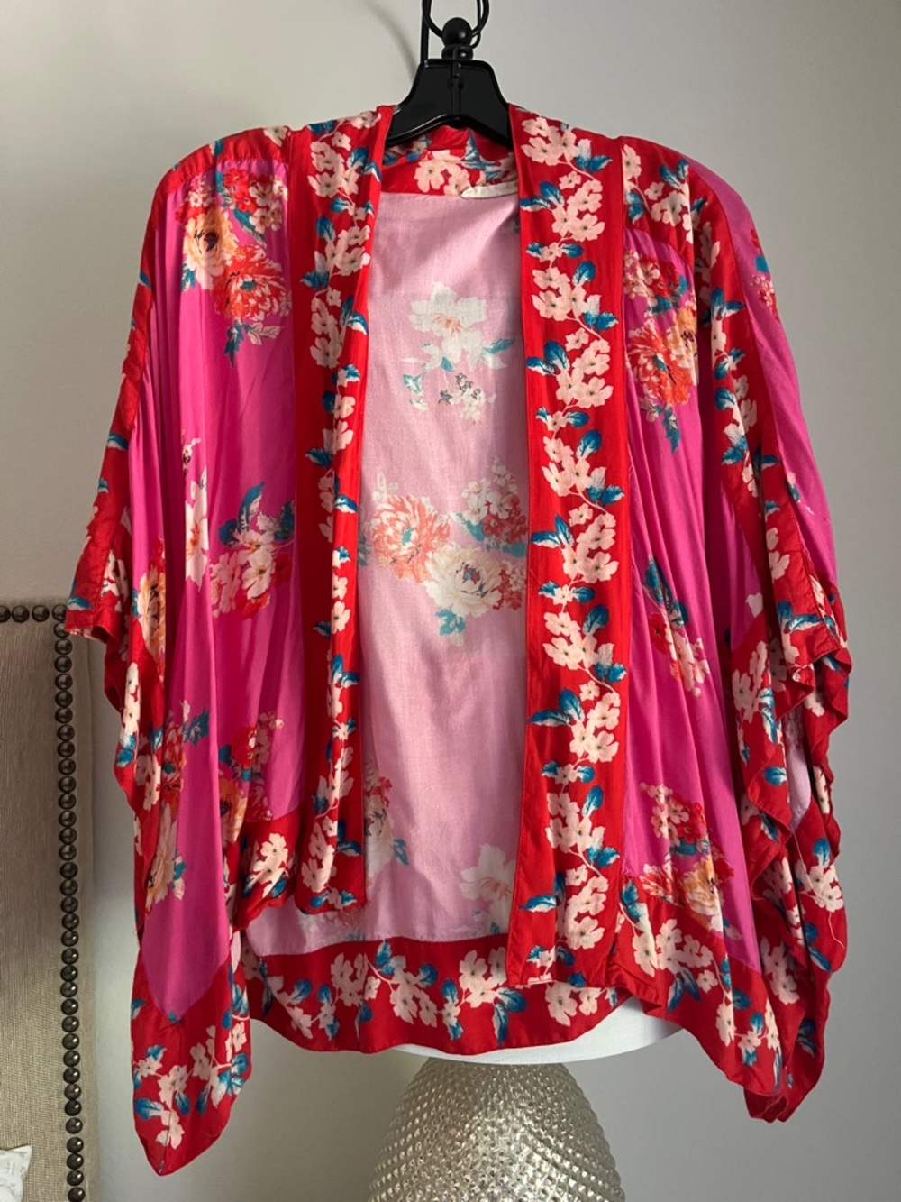 Anthropologie Pink Floral Open Kimono